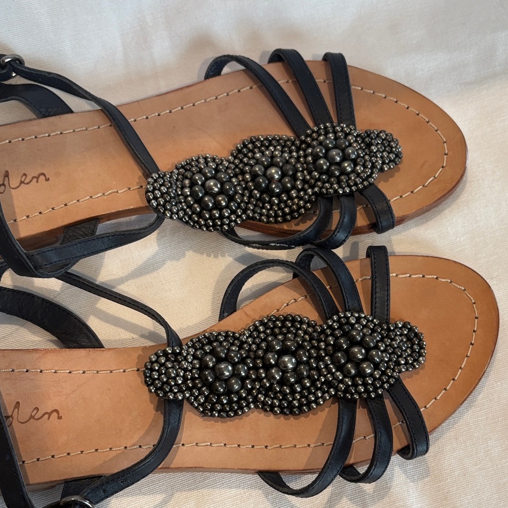 Black Leather Beaded Boden Flat Sandals - size 8.5